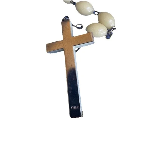 Vintage Italy Stamped Catholic Rosary Ivory Celluloid Oval Beads Madonna Center - Picture 3 of 8